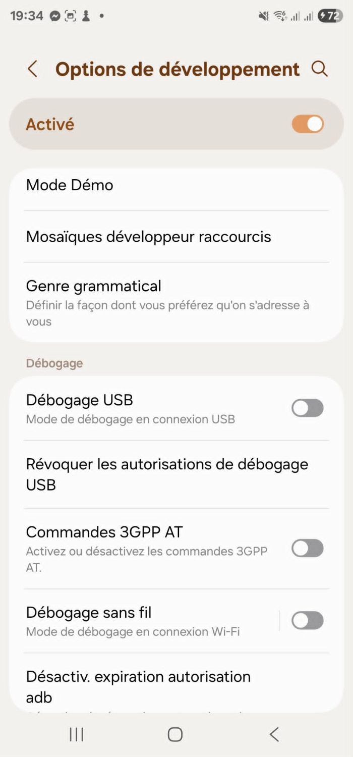 Developer options screen with USB debugging switched off