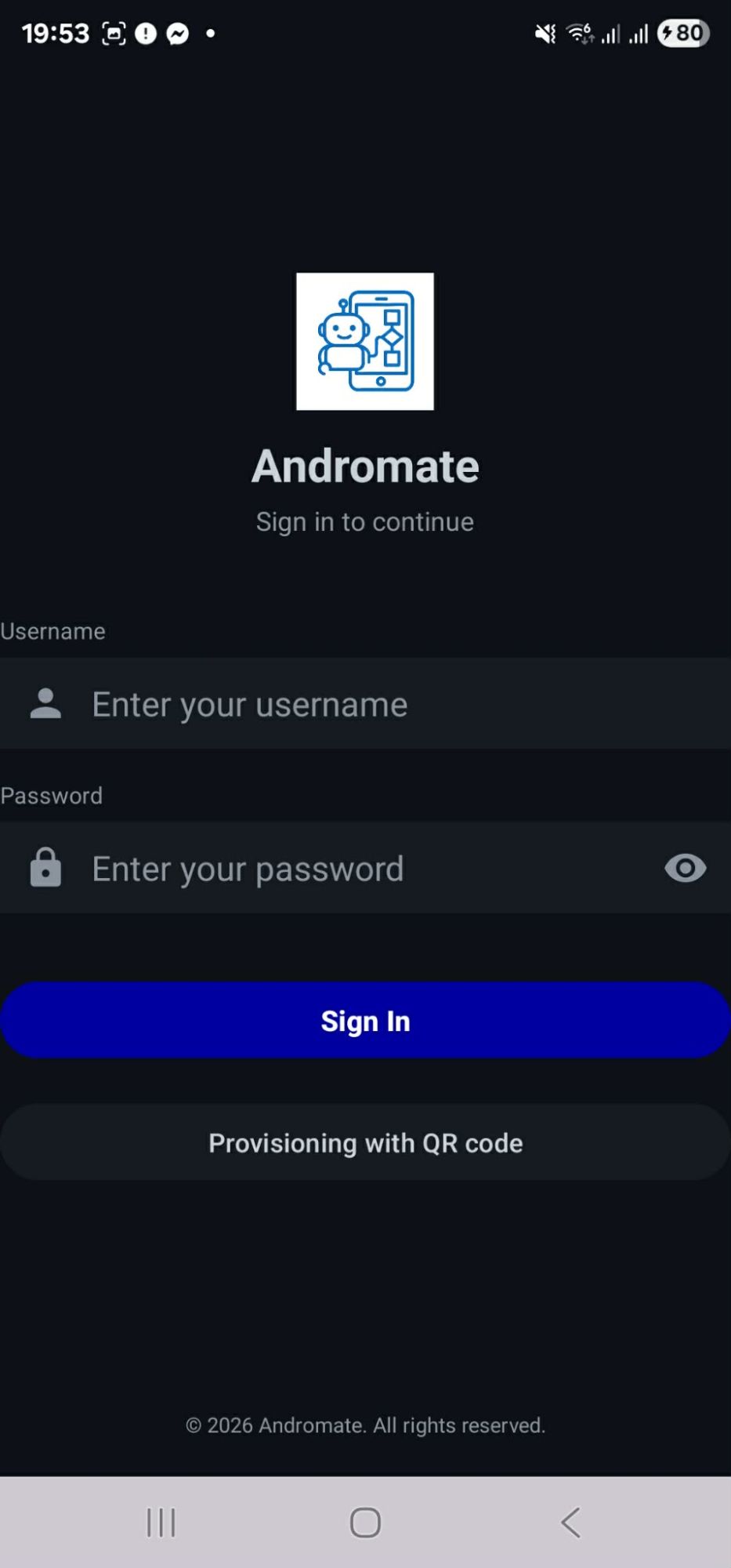 AndroMate login screen with Sign In and Provisioning with QR code