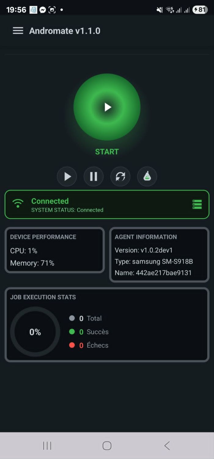 AndroMate main screen showing the Connected status
