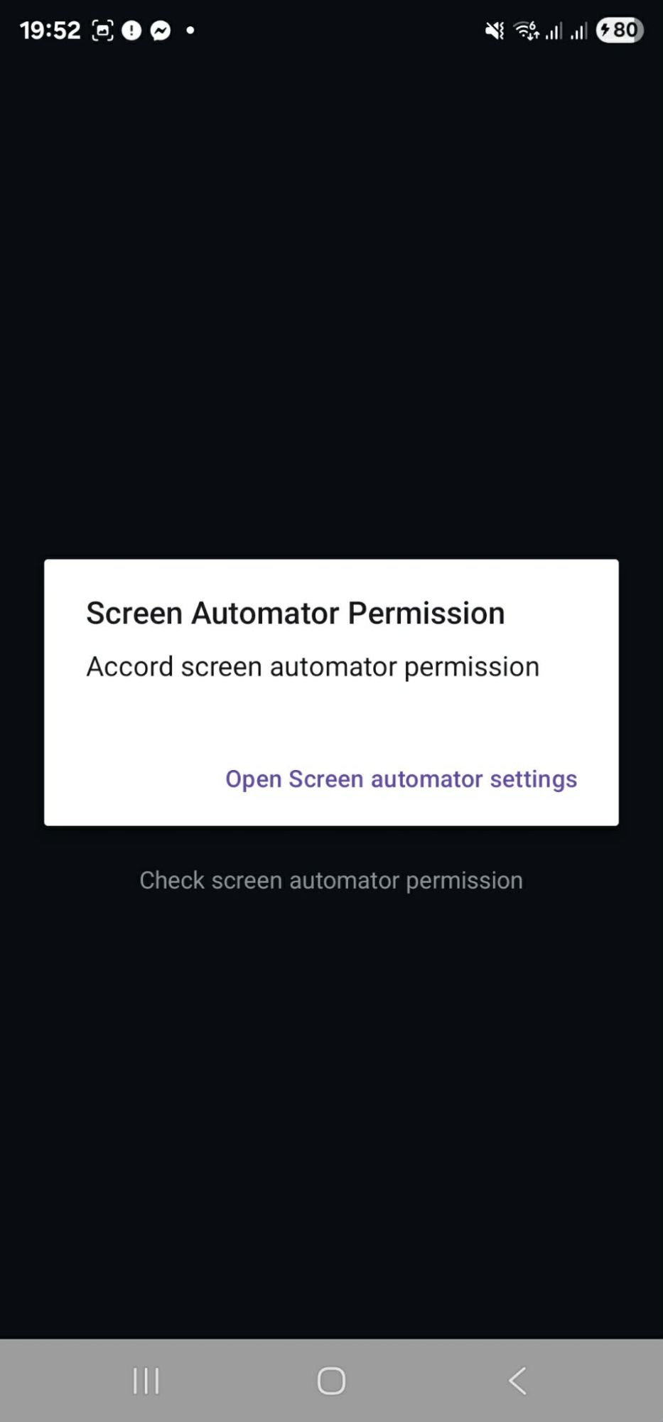 Screen Automator Permission dialog with the Open Screen automator settings button