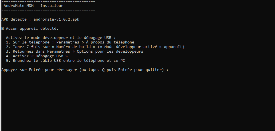 Installer waiting for a phone and listing the steps to enable USB debugging