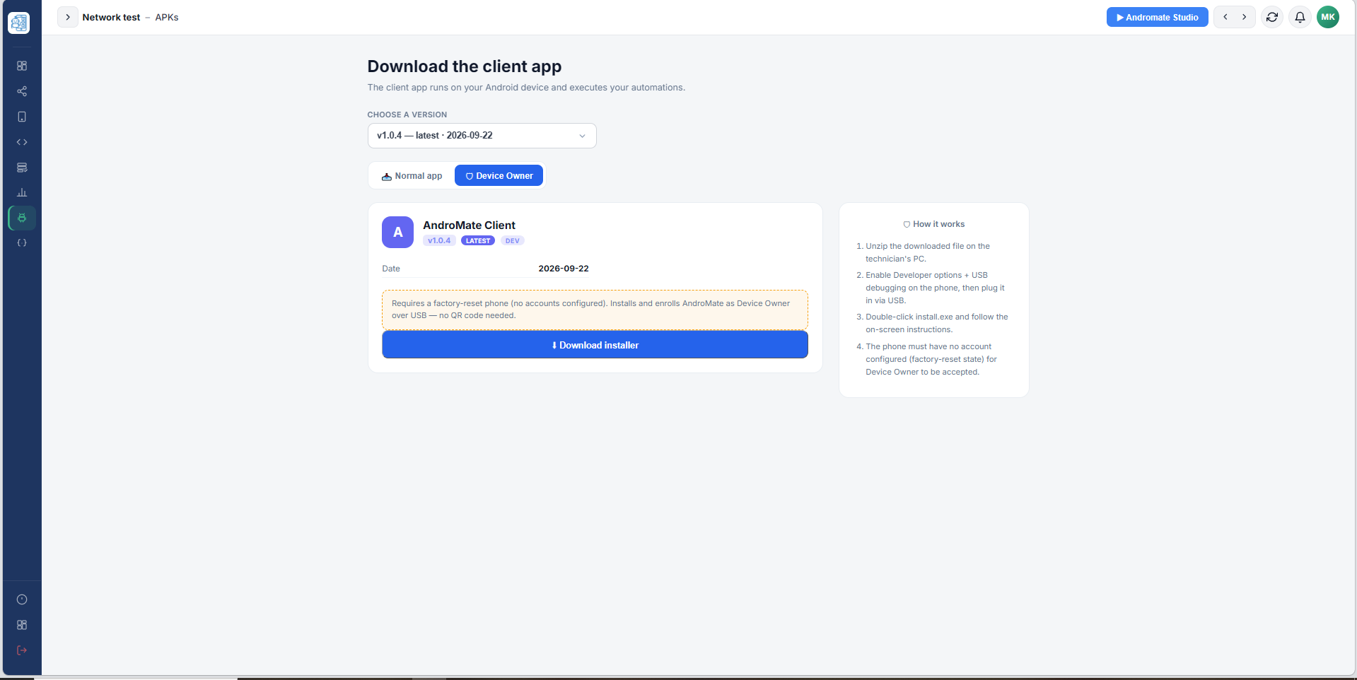 APKs page, Device Owner tab: Download installer button, the factory-reset requirement, and the How it works steps