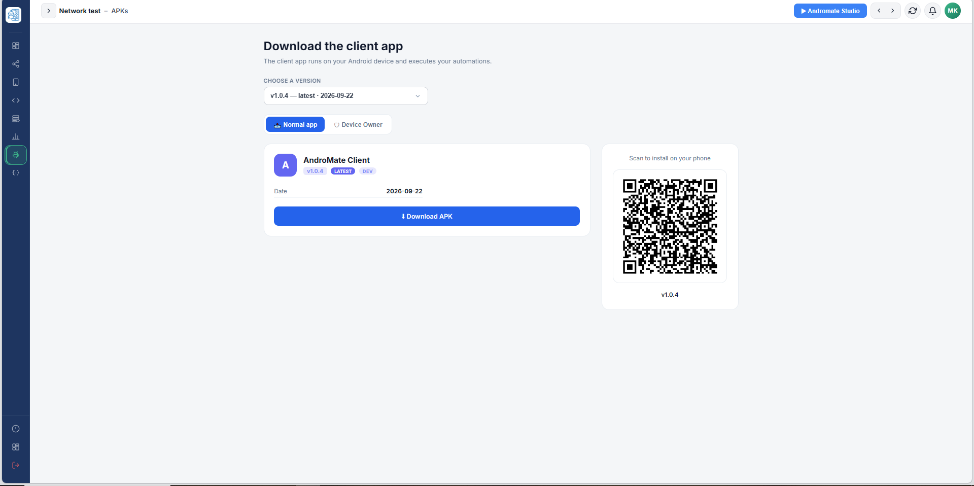 APKs page, Normal app tab: version picker, app card with Download APK, and a QR code to scan on the phone
