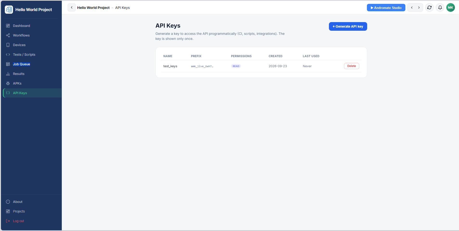 API Keys page, with a generated key's name, prefix, permissions and last-used date, and a Generate API key button
