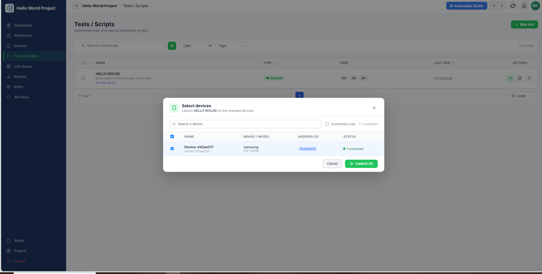 Select devices modal, with a connected device checked and the Launch button