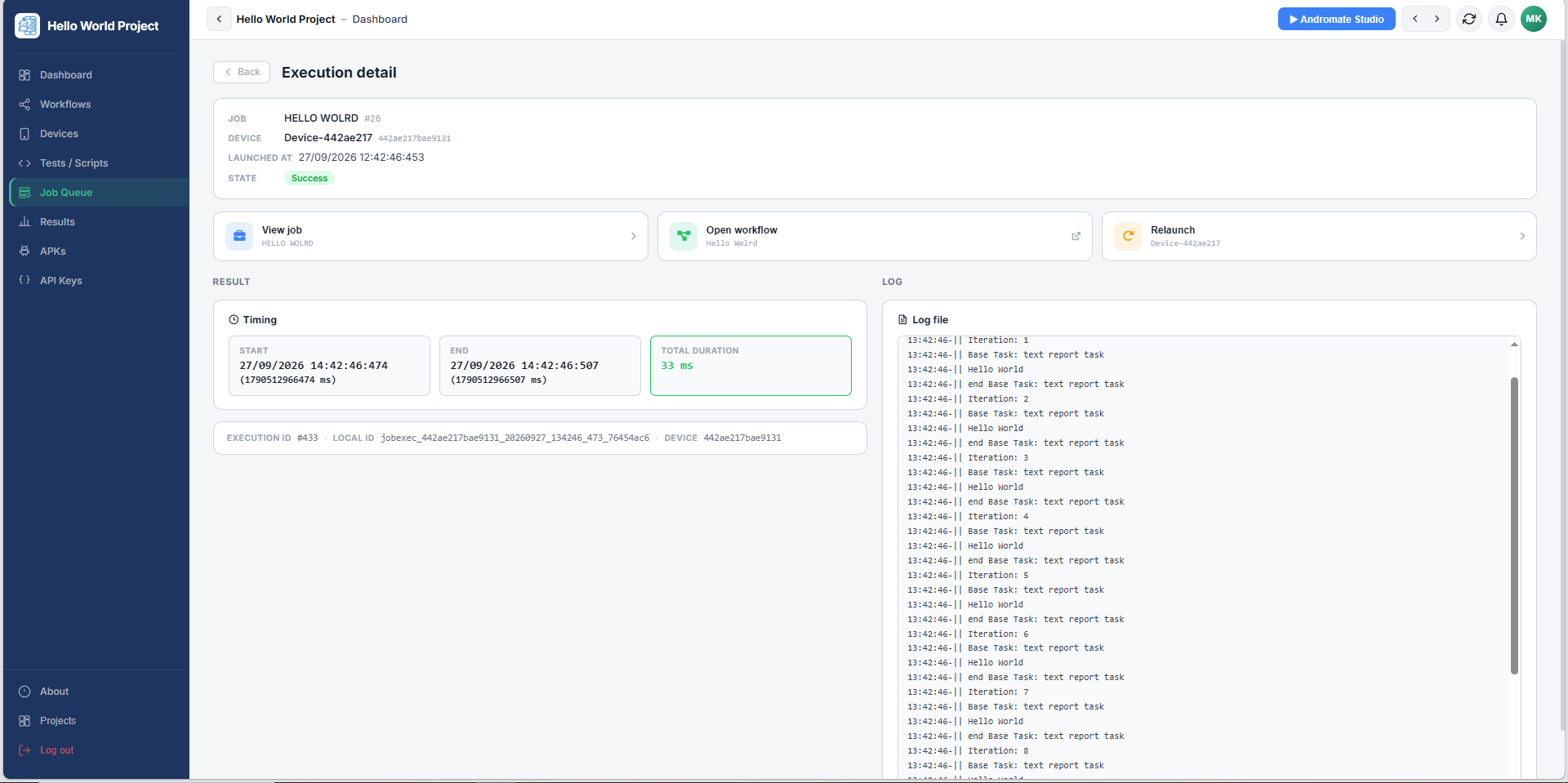 Execution detail page - state, timing, and the log file showing each report line