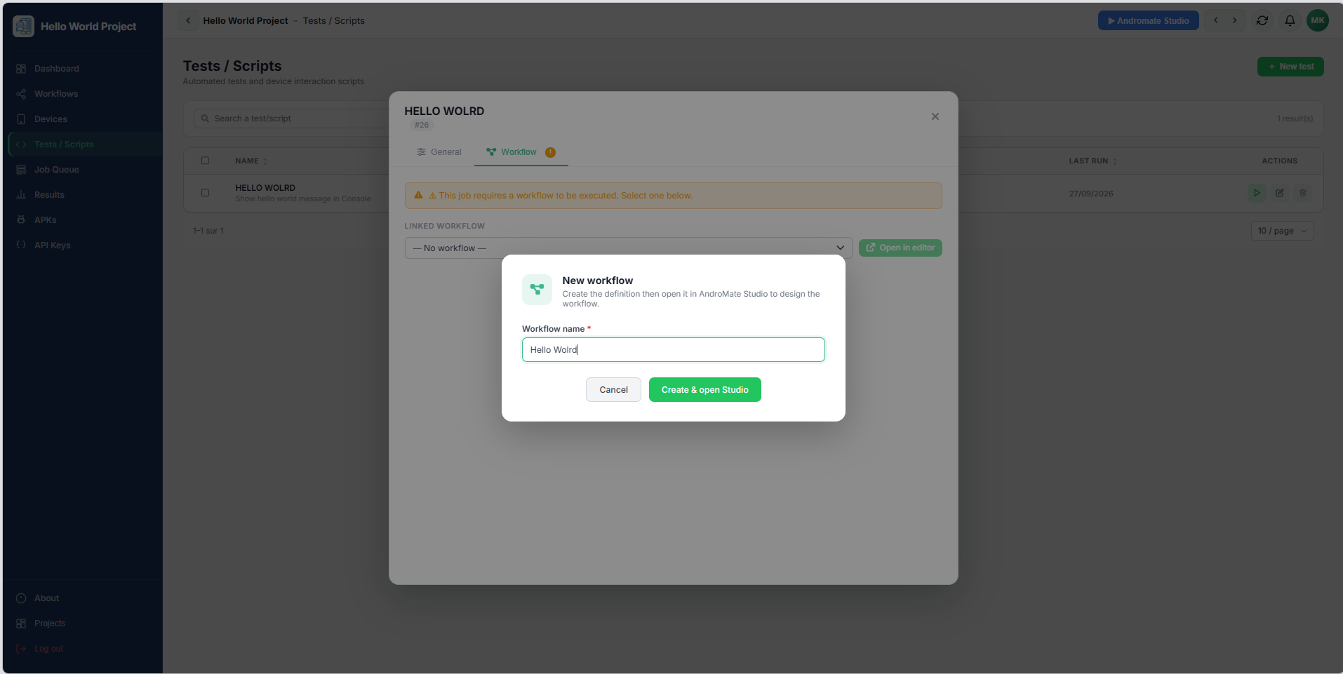 New workflow dialog - name it, then Create & open Studio