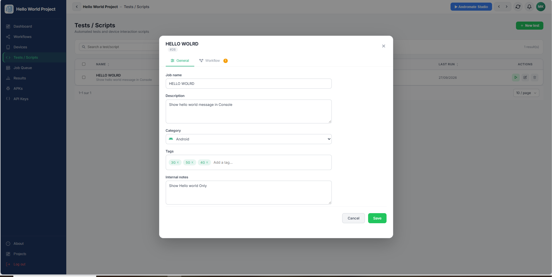 Job modal, General tab, filled in with a name, description, category and tags
