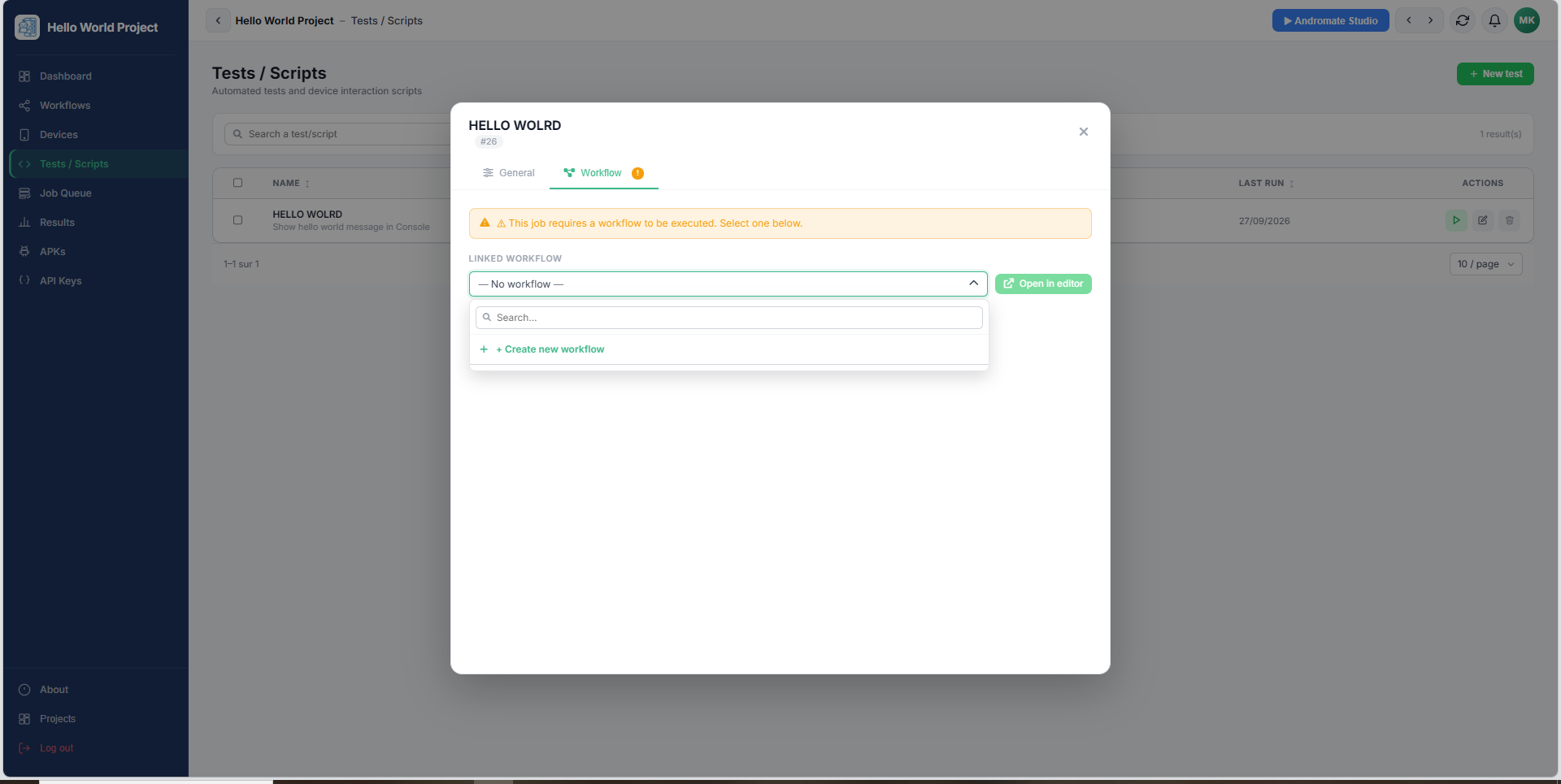 Workflow tab with no workflow attached yet, dropdown open on + Create new workflow