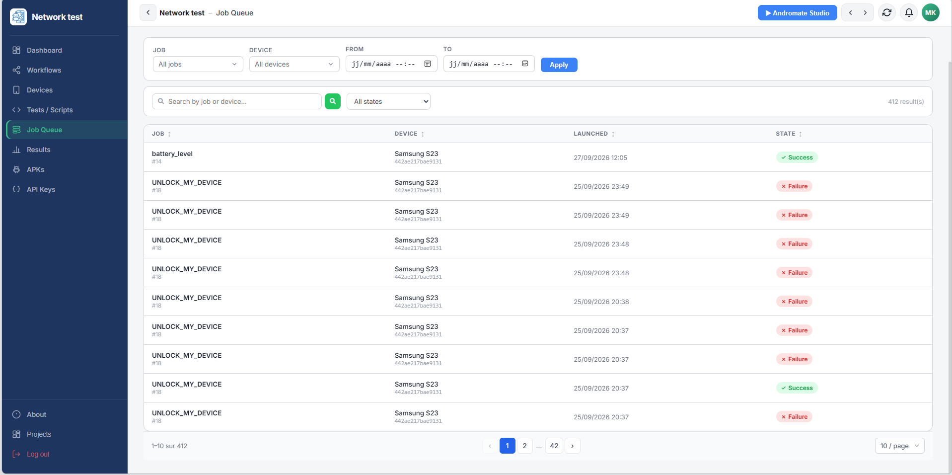 Job Queue, with job/device/date filters, a search bar, a state filter, and the state column