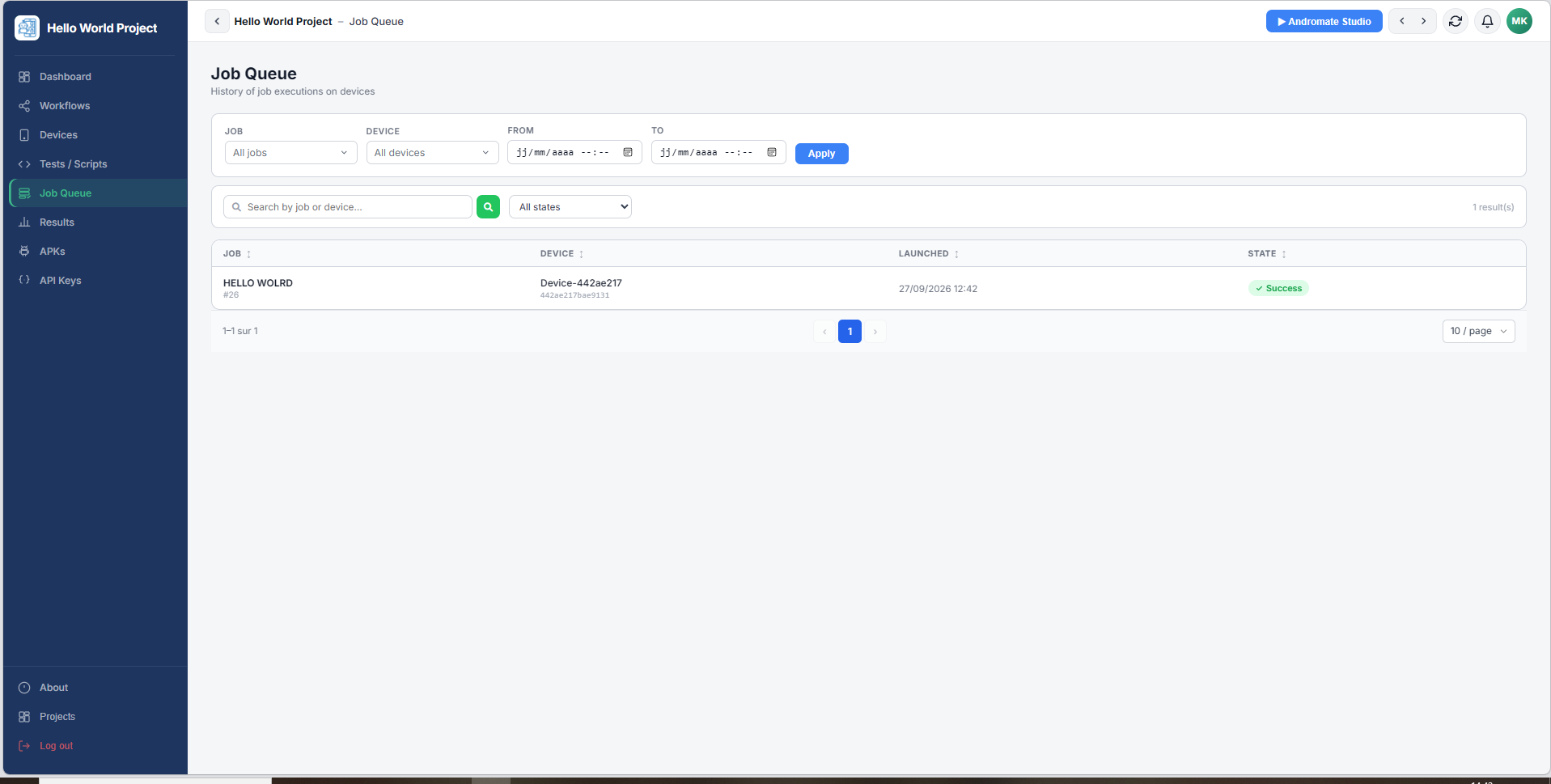 Job Queue listing the execution with its Success state