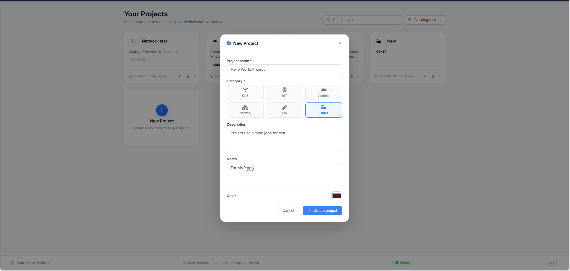 New Project modal - name, category grid, description, notes and color