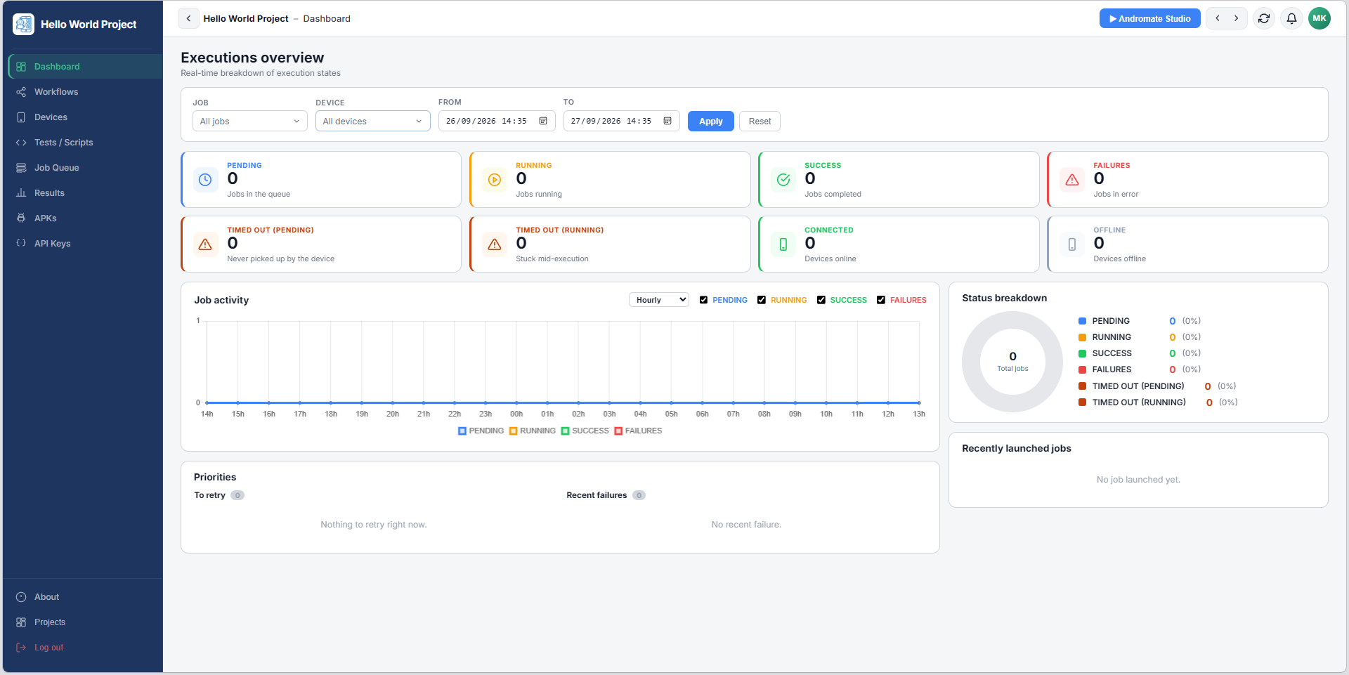 Dashboard, with the filters, the KPI cards, the job activity chart and the priorities panel