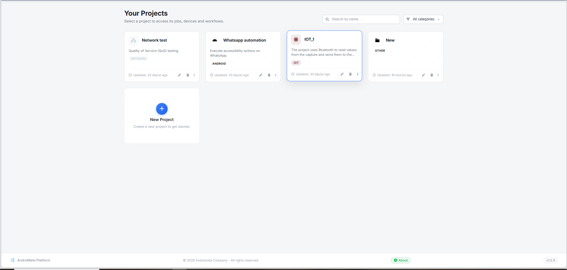 Your Projects, with existing project cards and the + New Project card