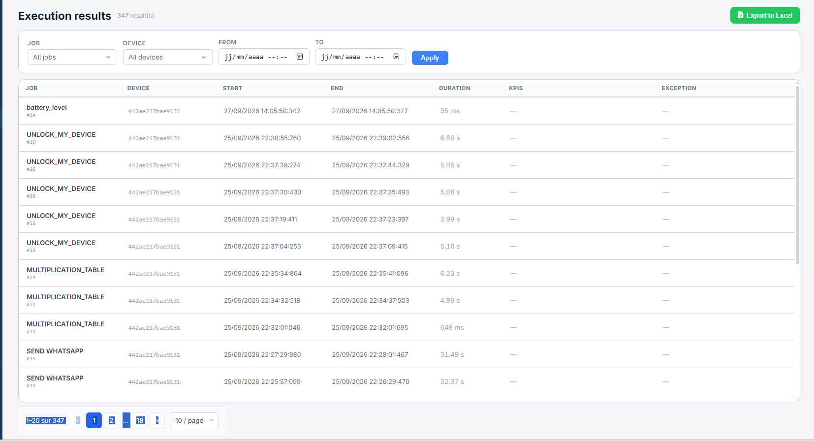 Execution results, listing every past execution with its duration, KPIs and exception, and an Export to Excel button