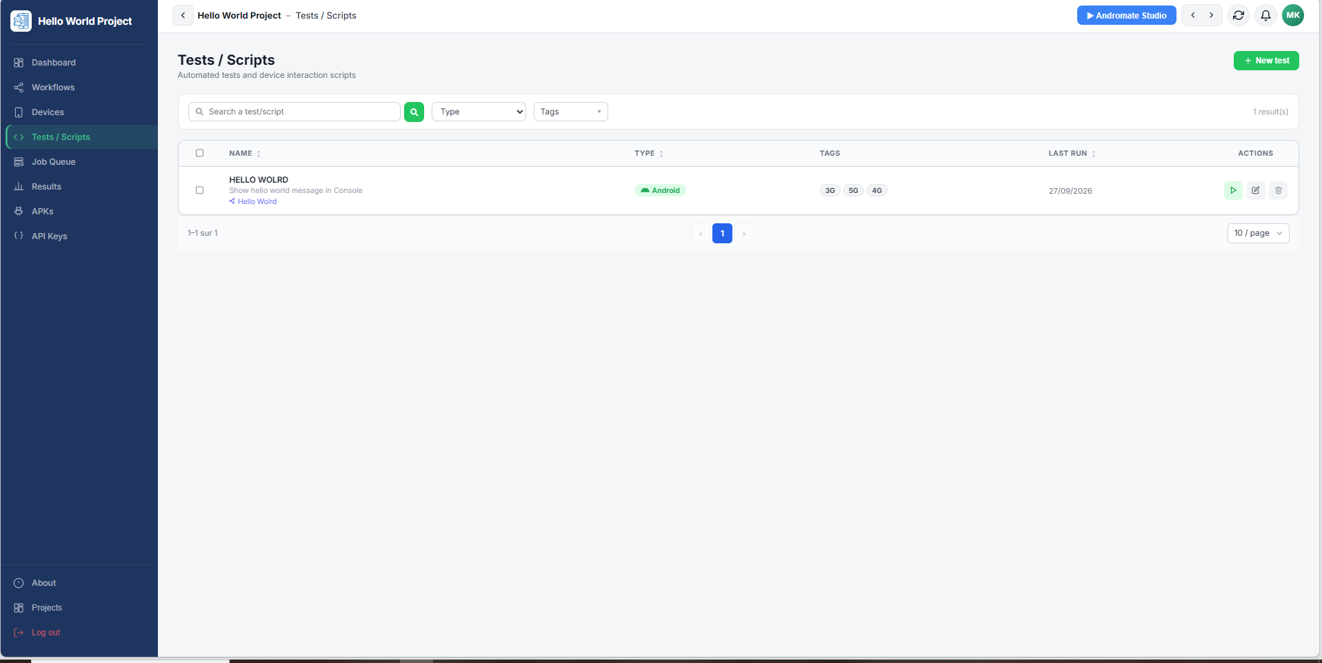 Tests / Scripts list with a job and its linked workflow name shown underneath