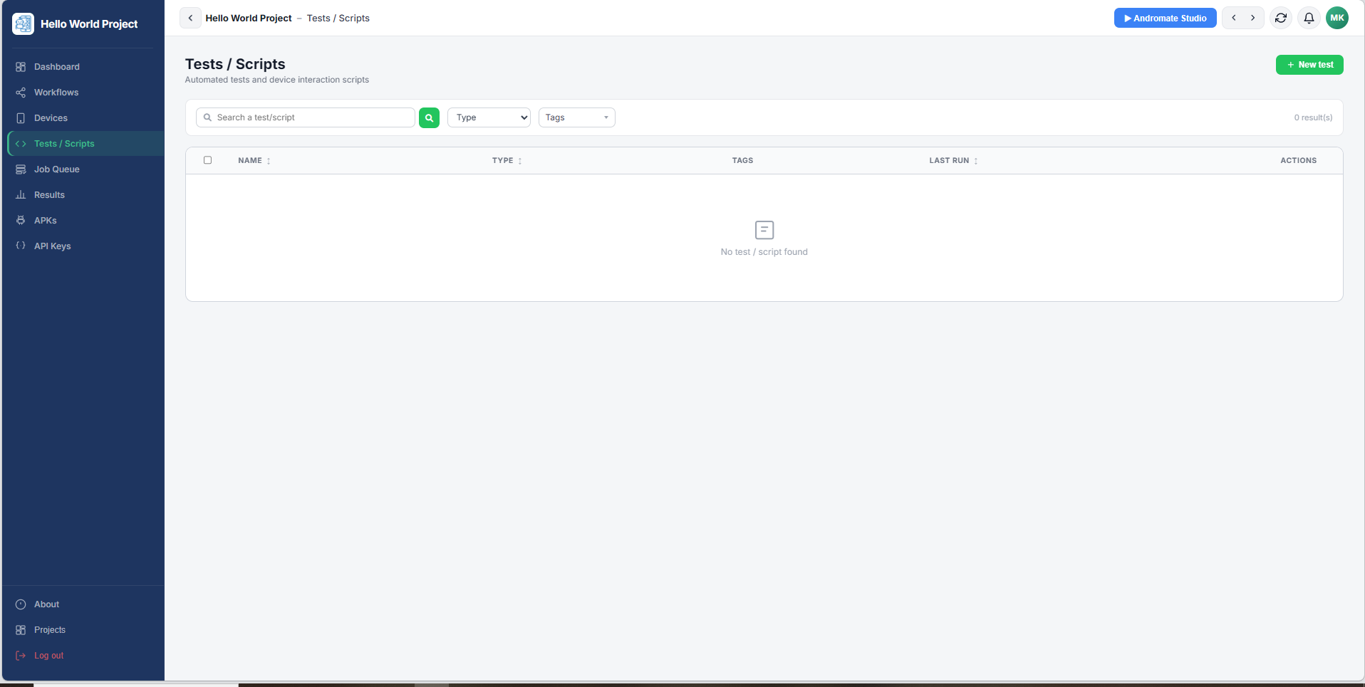 Tests / Scripts, empty list, with the + New test button