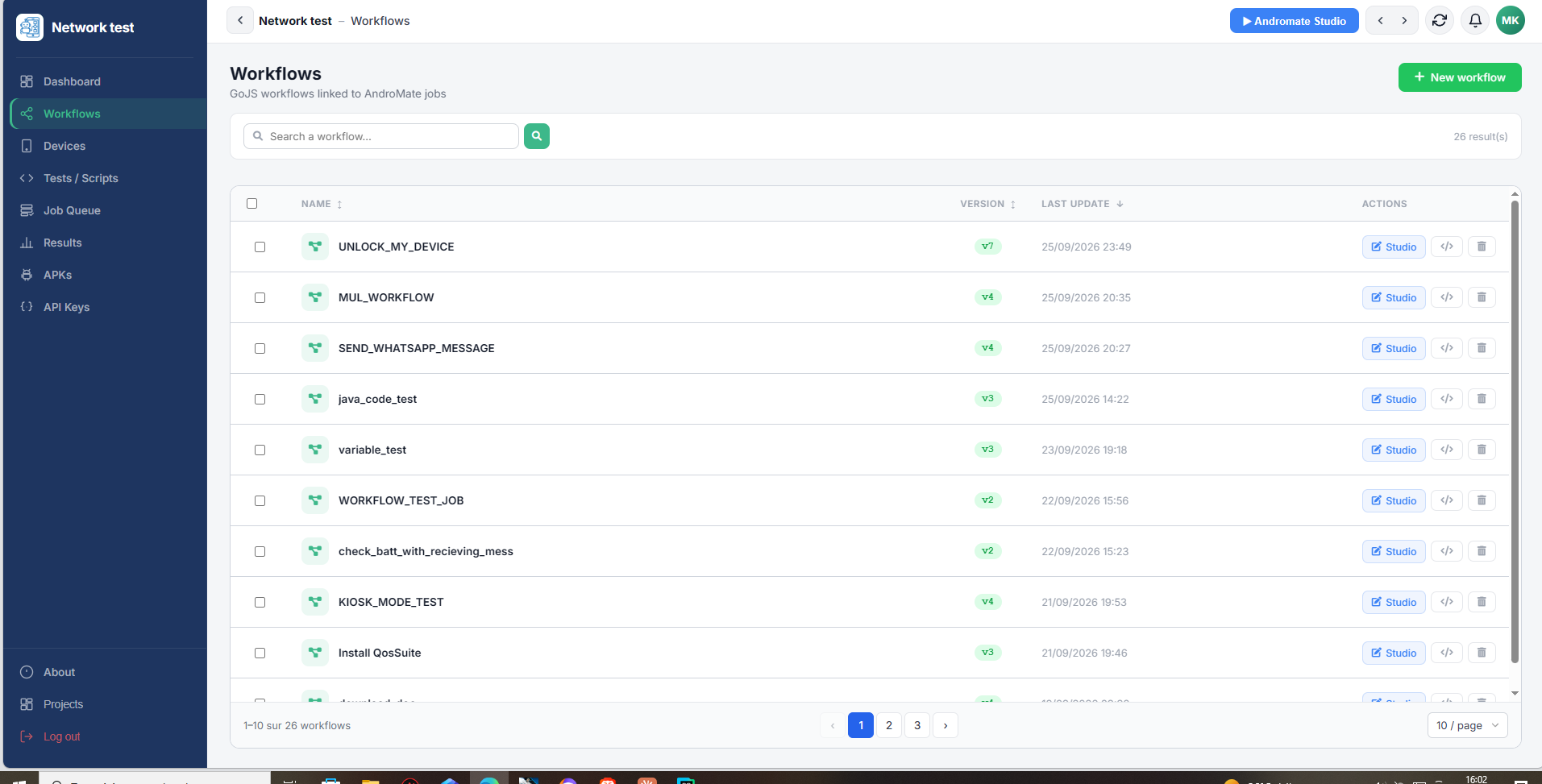 Workflows, with the search bar and the workflow table showing Name, Version, Last update and Actions