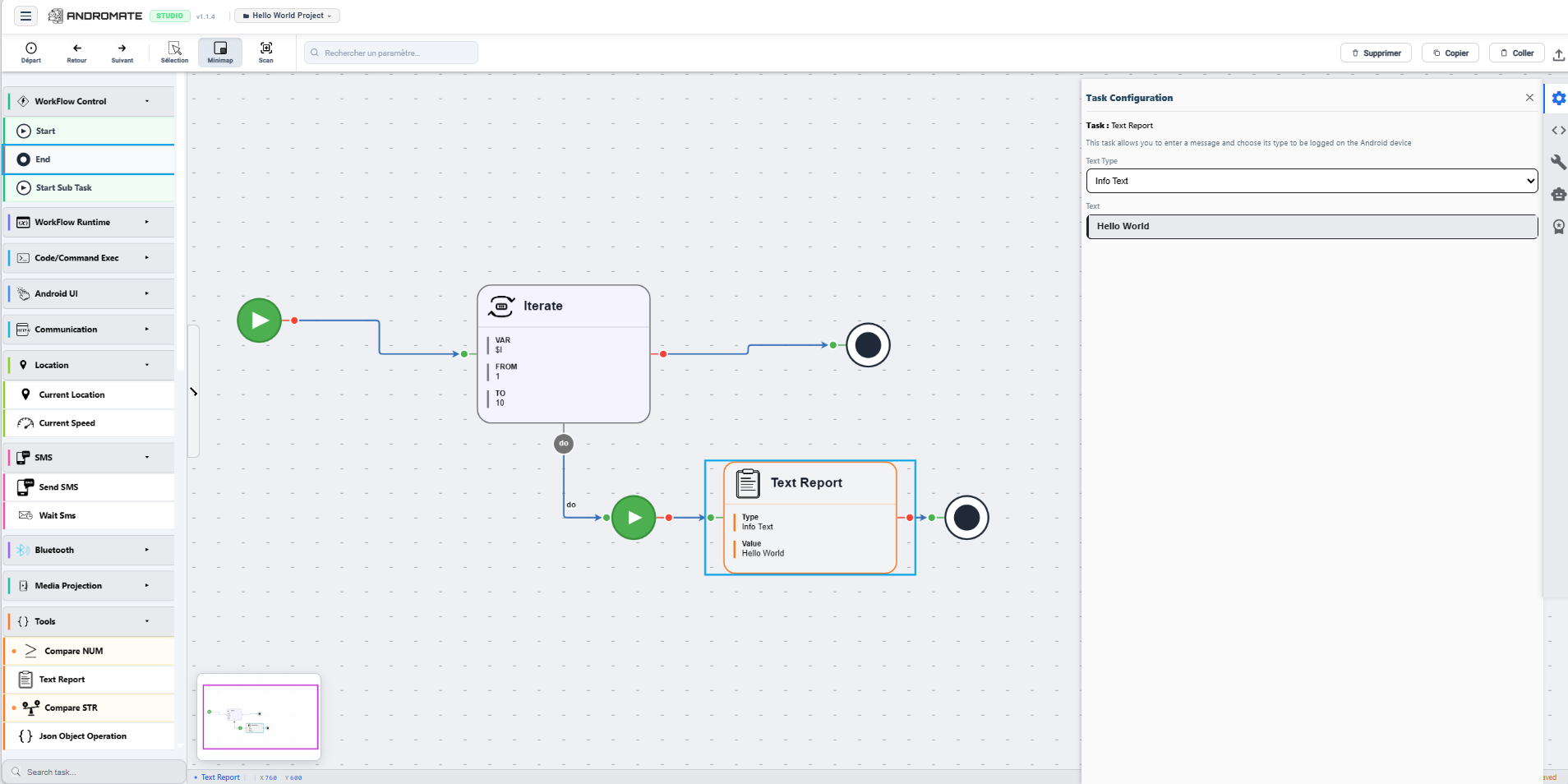 Andromate Studio open on a workflow with Start, Text Report and End tasks connected
