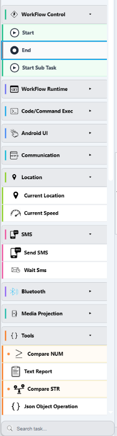 Task palette, grouped by category: Workflow Control, Workflow Runtime, Code/Command Exec, Android UI, Communication, Location, SMS, Bluetooth, Media Projection, Tools