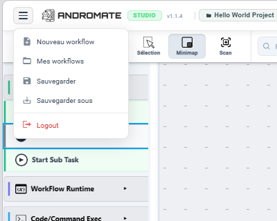 Studio menu open: Nouveau workflow, Mes workflows, Sauvegarder, Sauvegarder sous, Logout