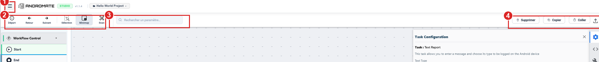 Studio toolbar with four numbered zones: menu, view/history controls, search, edit actions