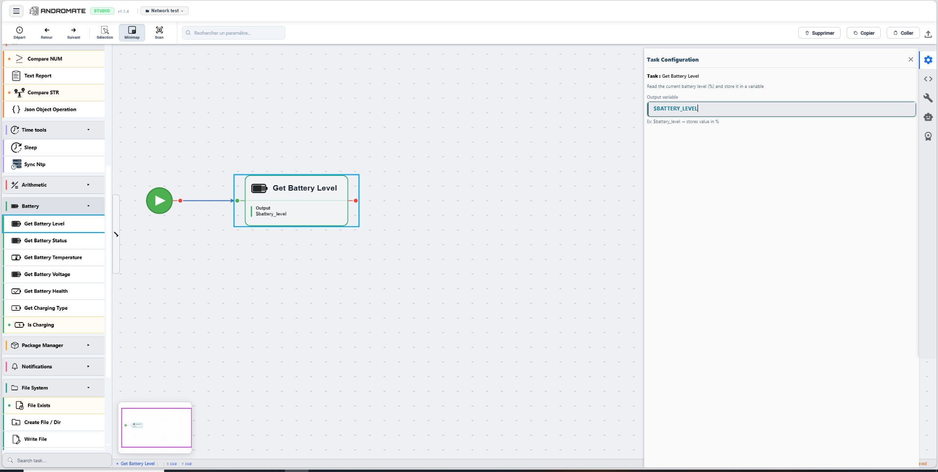 Get Battery Level task selected, Task Configuration panel with its Output variable field set to $BATTERY_LEVEL