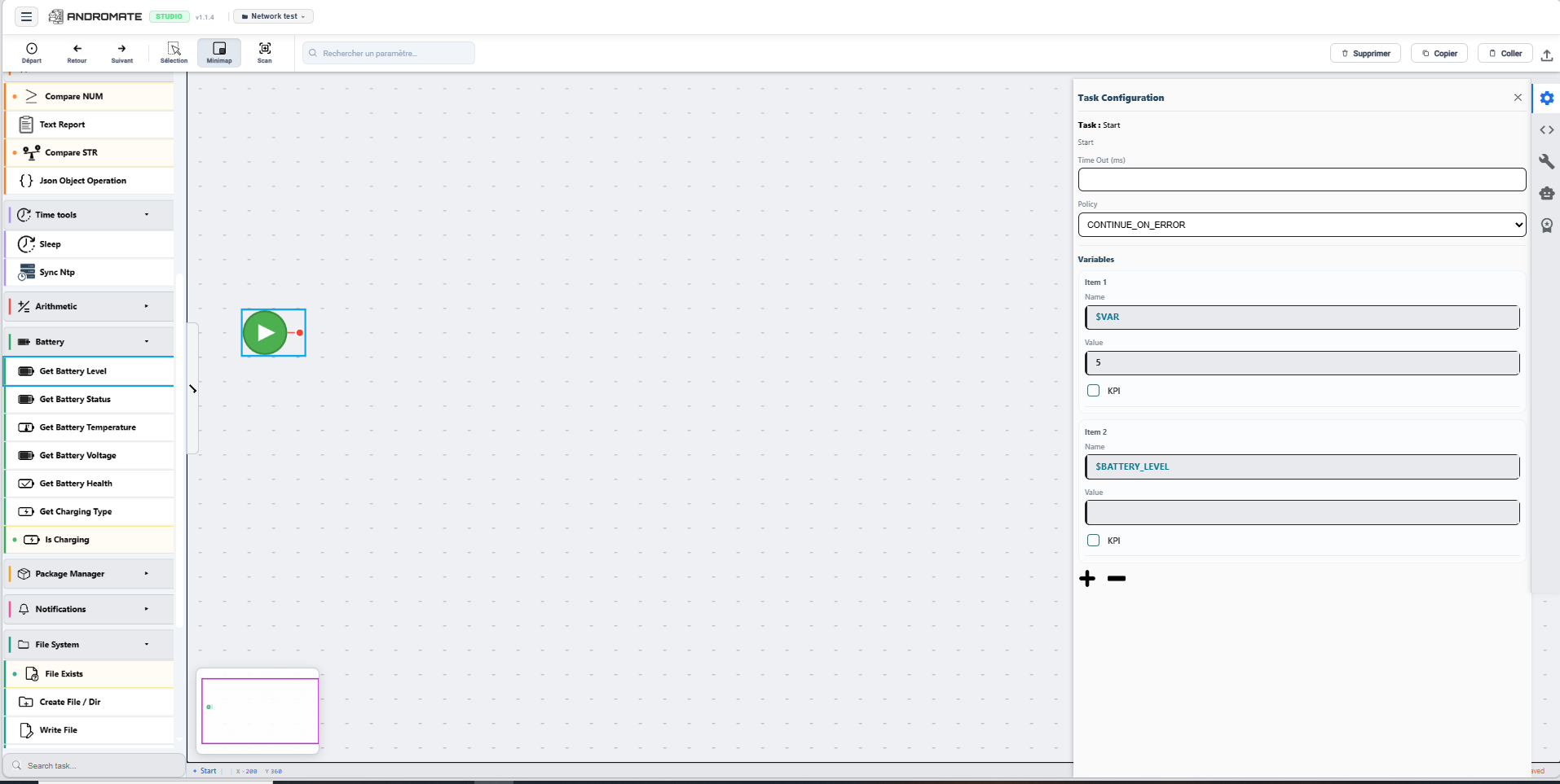 Start task selected, Task Configuration panel showing its Variables list: $VAR = 5, $BATTERY_LEVEL = (empty)