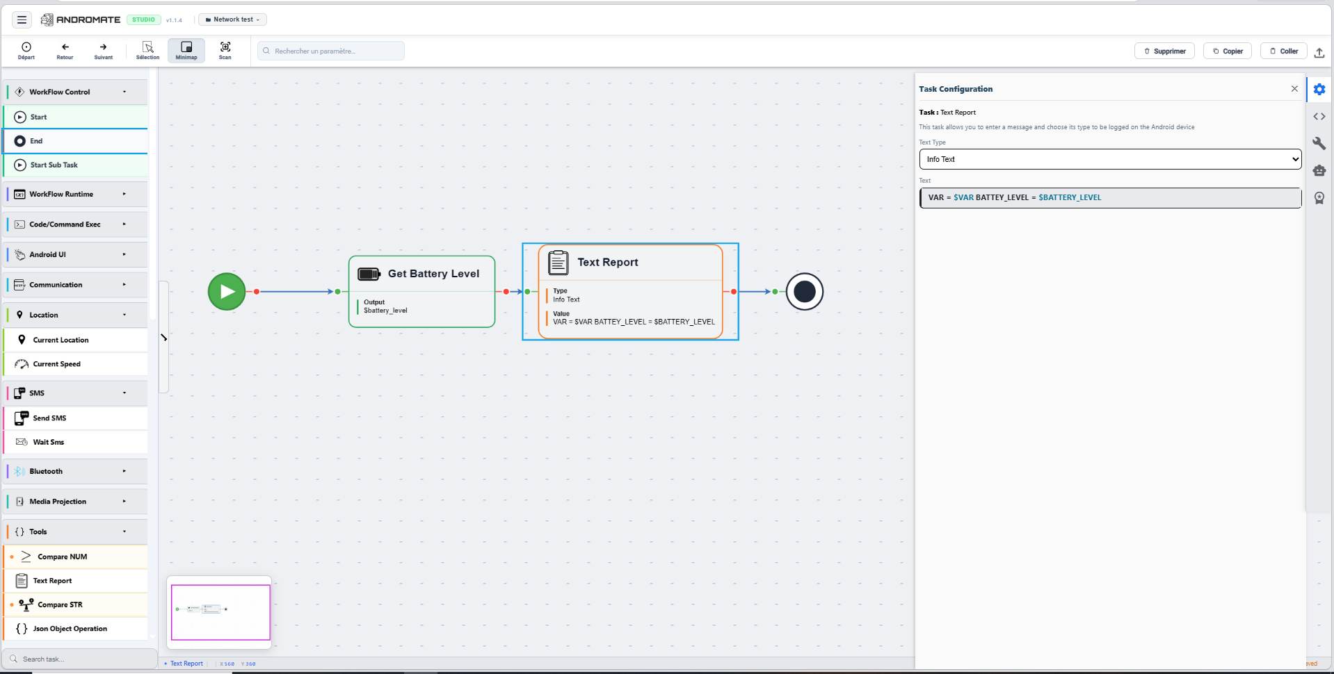 Text Report task selected, its Value field reading "VAR = $VAR BATTEY_LEVEL = $BATTERY_LEVEL"